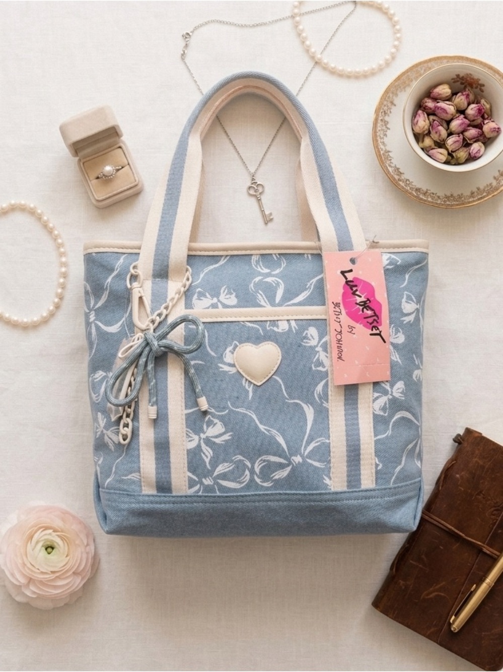Betsey Johnson Denim Bows Tote with bag charm